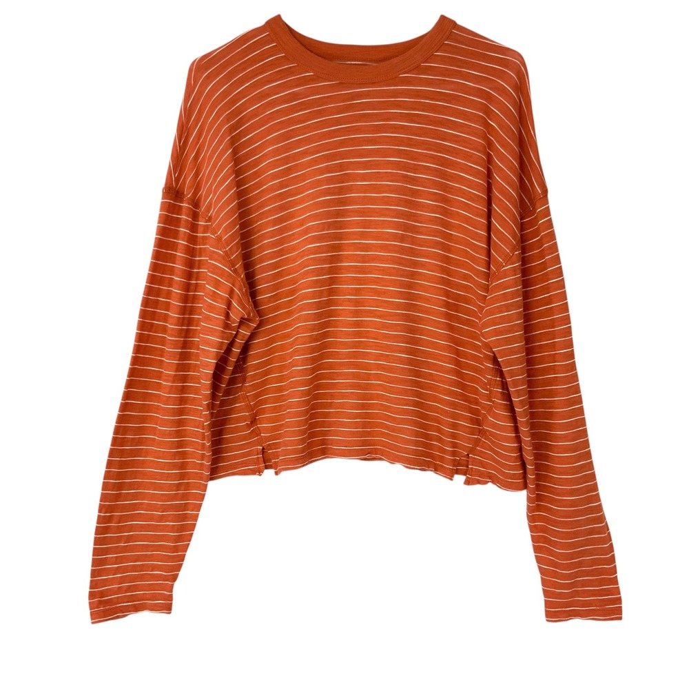 Madewell Orange Striped Long Sleeve T-Shirt L Pullover Crew Neck Boxy Side Slits